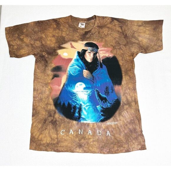 Vintage 1996 Canada Native American T-Shirt Tie Dye XL Brown Single Stitch - Picture 1 of 9
